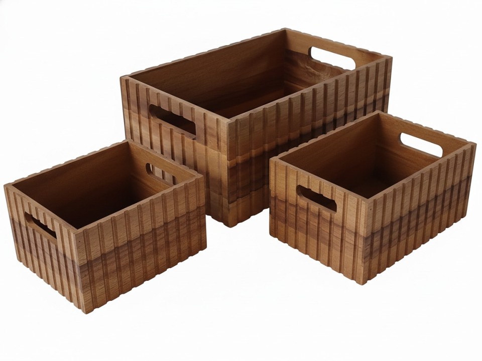 Acacia Fluted Storage Bins Set with Handles - Premium Organizational Solution